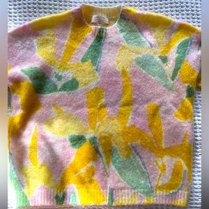 Sezane Pastel Floral Crewneck Sweater in Pink, Yellow & Green